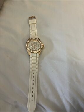 White Crystal-Trim Fashion Watch with Gold Case